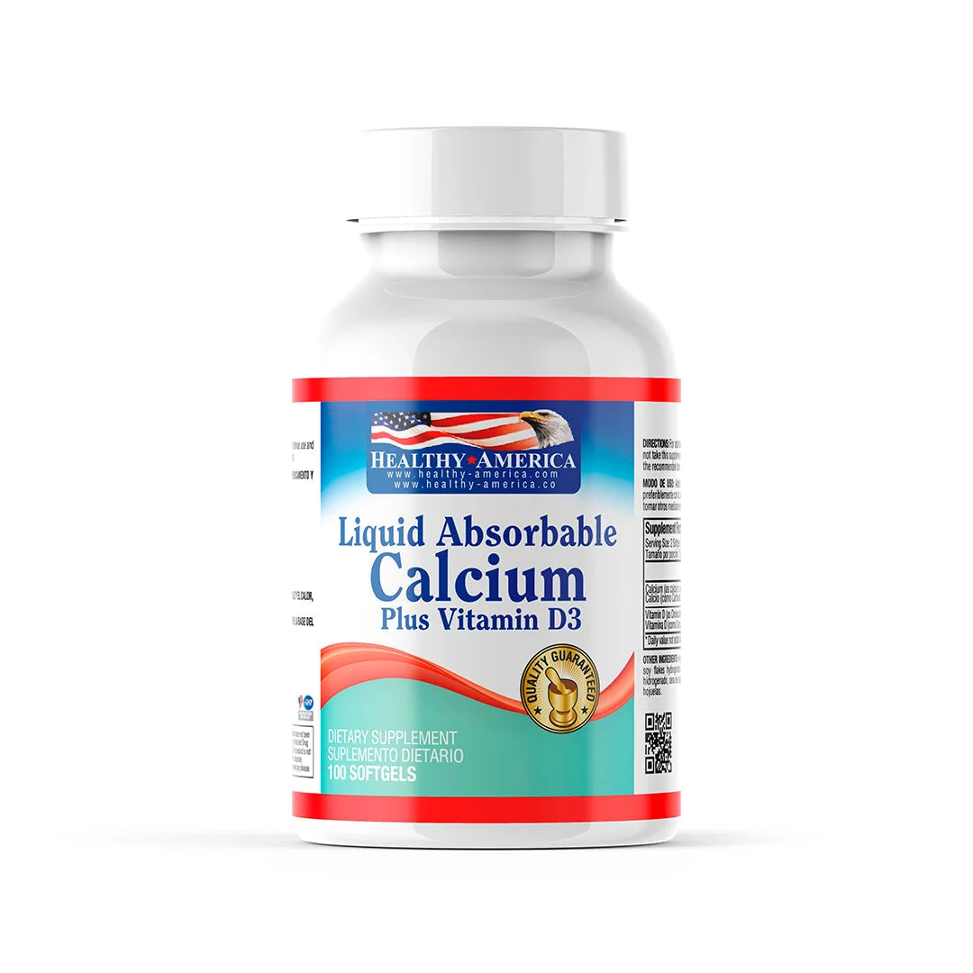 Liquid Absorbable Calcium 1200 mg Calcio Líquido Absorbible 100 Softgels Healthy America
